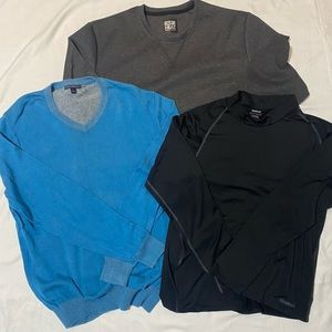 Men’s long sleeve, Lg sweater, sweatshirt and athletic shirt.  Gray, black blue